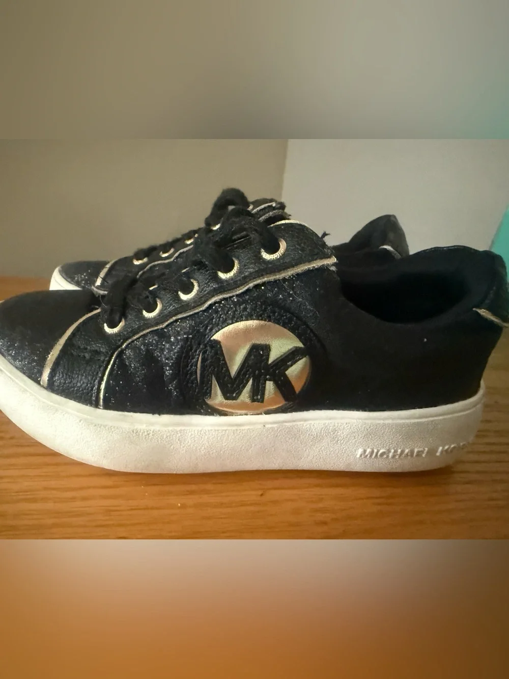 Michael Kors Black Glitter Lace-Up Sneakers with Gold Trim